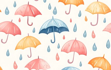 Obraz premium Gentle watercolor raindrops, umbrellas, and puddles creating a soft and dreamy rainy-day pattern