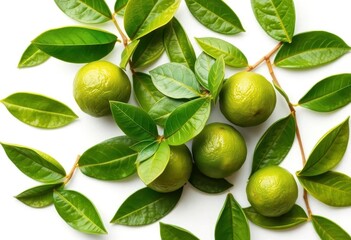 Fresh organic lime essential oil, green leaves on white,  plant, lime