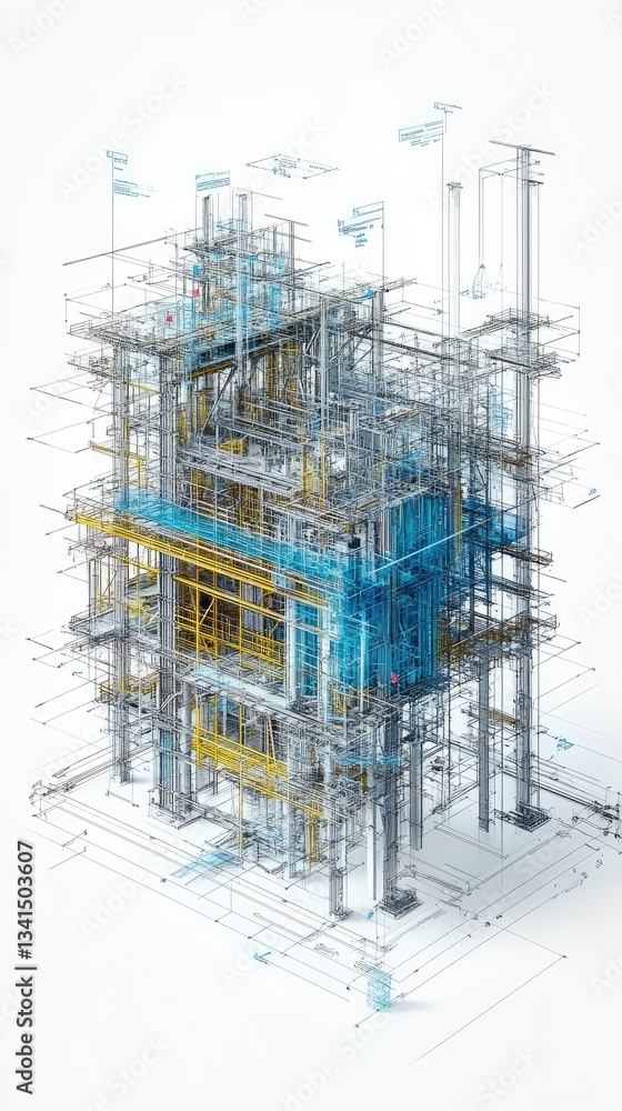 Poster abstract 3d wireframe structure in blue yellow and black with scattered dots on white background
