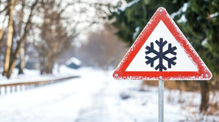 Triangular red-bordered warning sign with a snowflake symbol indicating icy road conditions and winter weather hazards. Common caution sign used for slippery roads and snow danger.