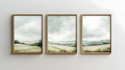Three framed landscape paintings with soft green and beige tones depicting fields and sky.
