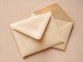 Two beige envelopes are stacked on top of each other, with one open and the other closed, against a light peach background.