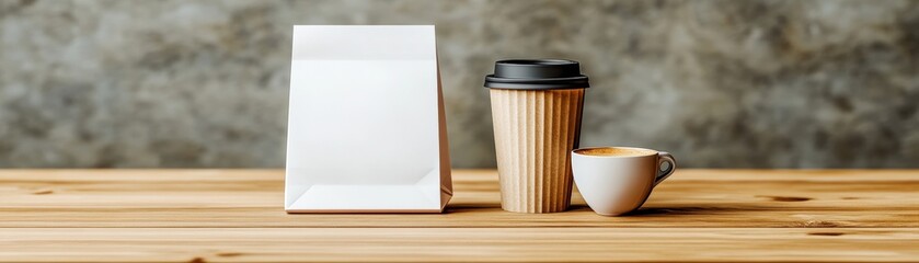 Artistic mockup displaying a coffee cup alongside a white paper bag on a minimalist surface with soft lighting