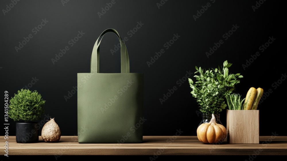 Poster captivating photo realistic mockup of a green tote bag resting on a table showcasing its stylish des