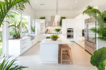 A modern white kitchen with cascading ferns adding a touch of prehistoric beauty