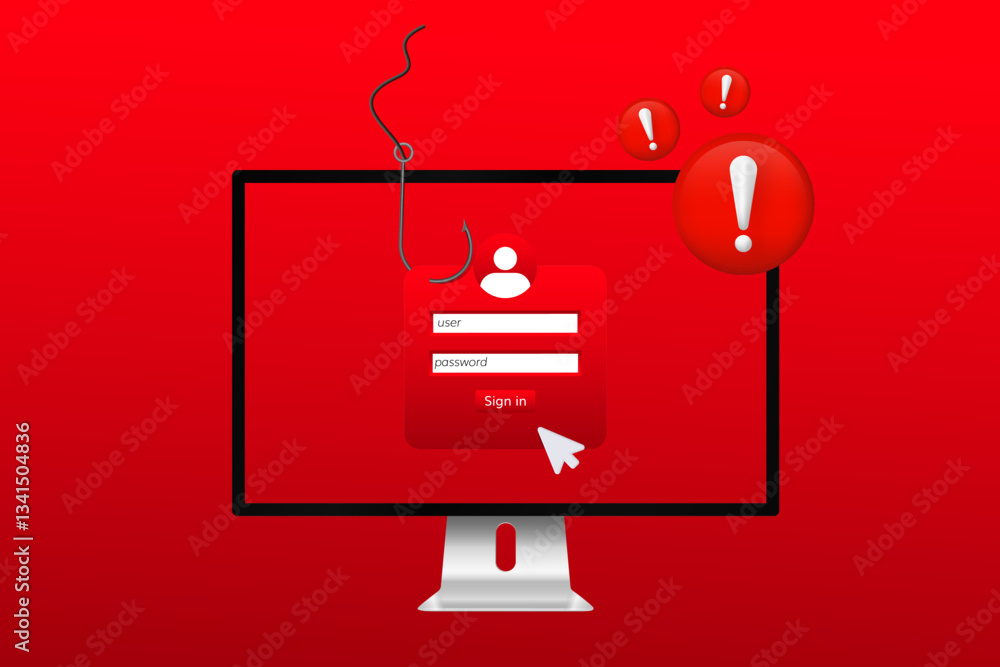 Poster a computer screen shows a login panel with a phishing alert symbol, emphasizing online security risk