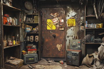 A post-apocalyptic bunker 3D background room with rusted metal walls covered in warning signs, scattered survival supplies stacked on dusty shelves, an old radio crackling with static, dim emergency