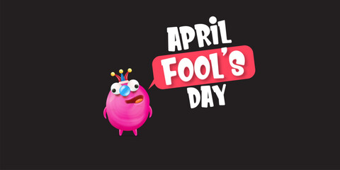 April Fools day funky horizontal banner with silly pink clown monster character isolated on black background. 1 st april fool day banner, poster, label, flyer and greeting card. Fool day print