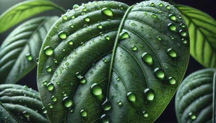 Obraz premium A close-up image of a vibrant green leaf covered in fresh, translucent raindrops