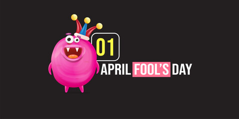 April Fools day funky horizontal banner with silly pink clown monster character isolated on black background. 1 st april fool day banner, poster, label, flyer and greeting card. Fool day print