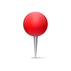 A bright red pushpin with a metallic point, used for securing notes or papers on boards.