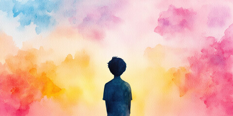 Abstract illustration of mental health, illness, depression, and isolation. A silhouette of a boy against a vibrant, colorful watercolor background, evoking a sense of wonder and exploration.