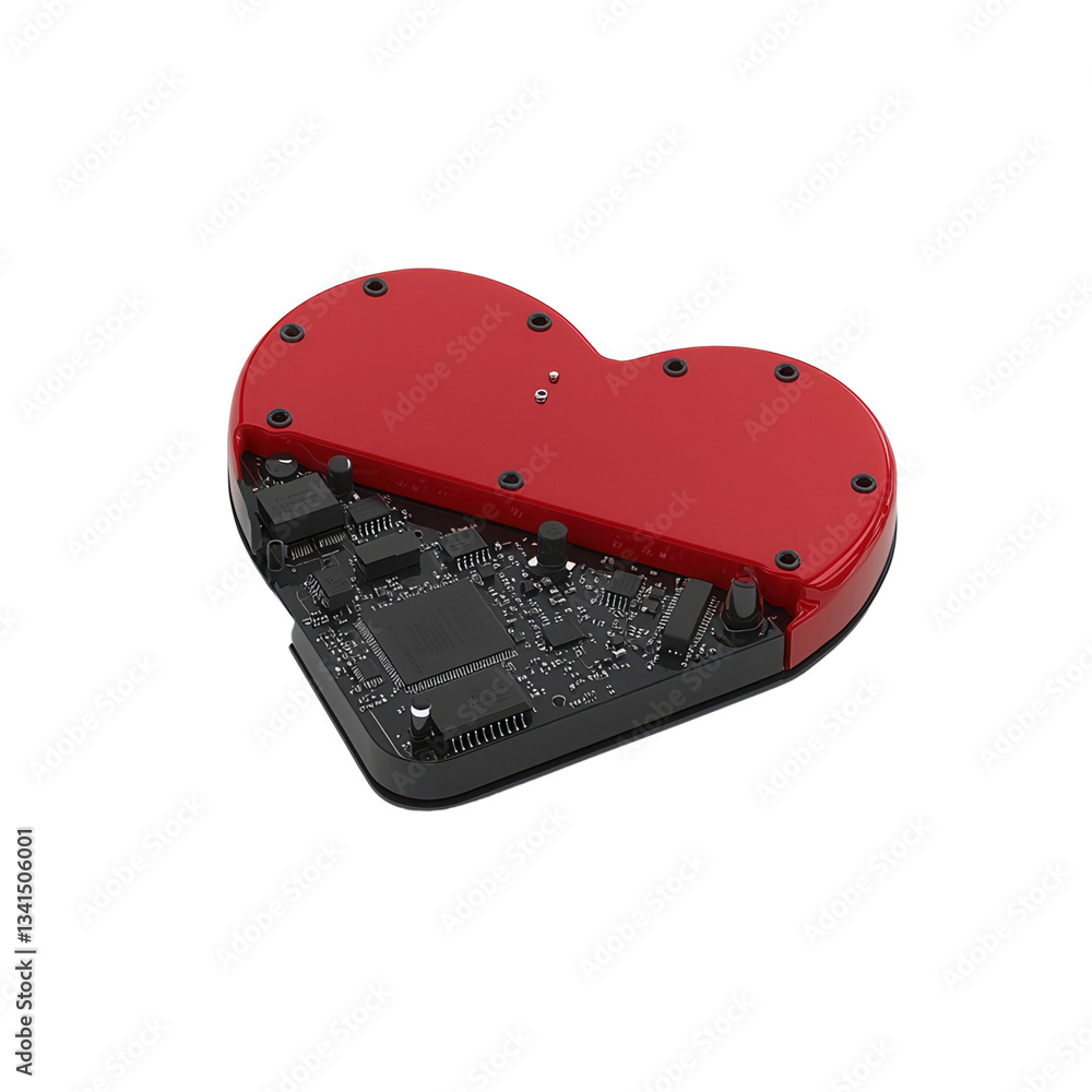 Poster heart-shaped device with electronic components visible inside. isolated on white background