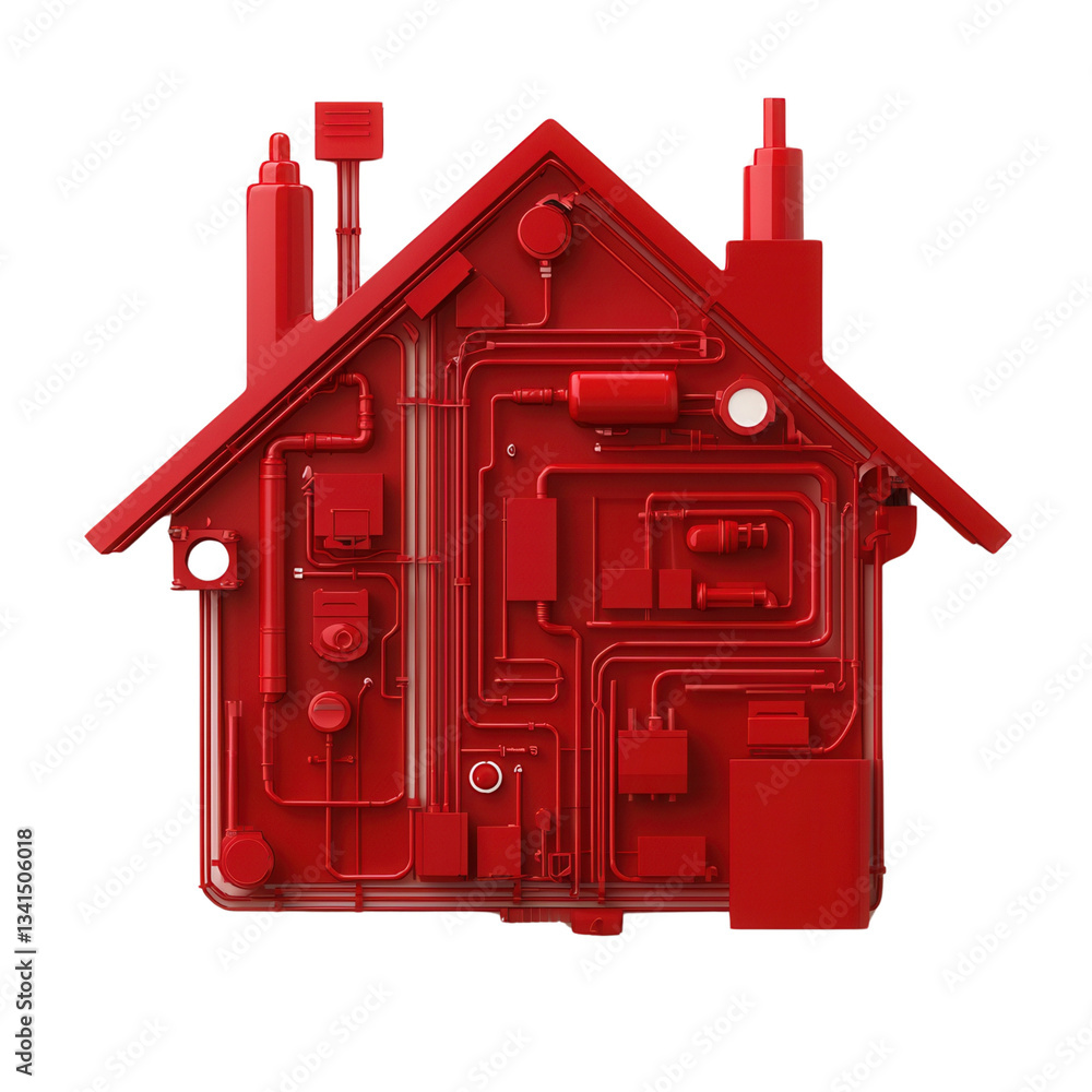 Poster red house design featuring pipes and structures on a black background. isolated on white background