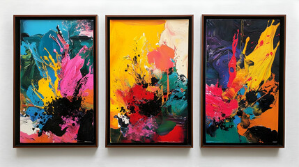 Three framed abstract paintings with textured layers and rich colors like yellow, teal, and red.
