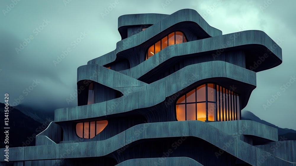 Aufkleber modern architectural structure with wavy design and glowing windows against moody sky and mountains