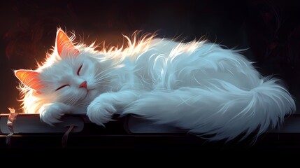 Sleepy White Cat Resting on a Book with Warm Light Glow