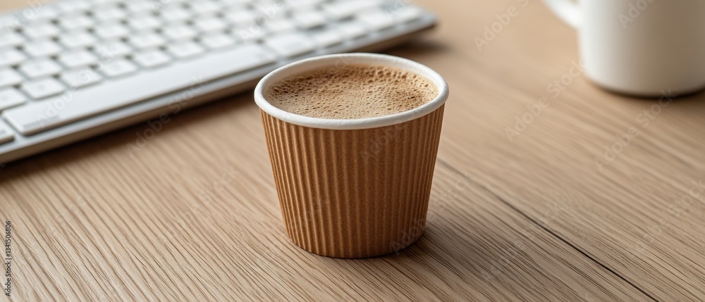 Poster warm cup of coffee sitting on a neat office desk with a computer keyboard and other essential items 