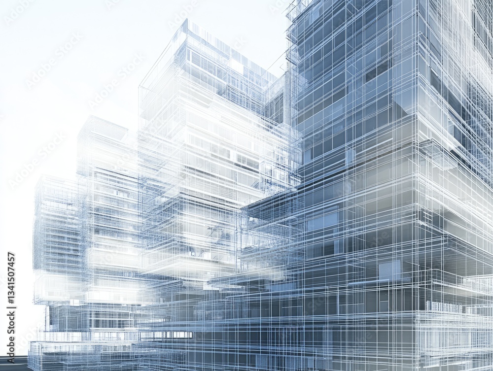 Poster abstract architectural design of transparent buildings in a modern city with digital lines and blue 