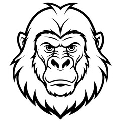 a gorilla's head, staring intensely, in a detailed illustration style, perfect for design or symbol usage