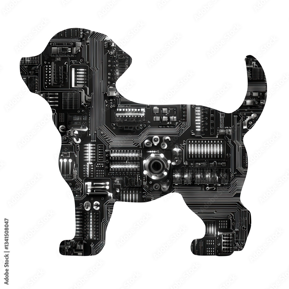 Poster dog silhouette filled with circuit board patterns on a black background. isolated on white backgroun