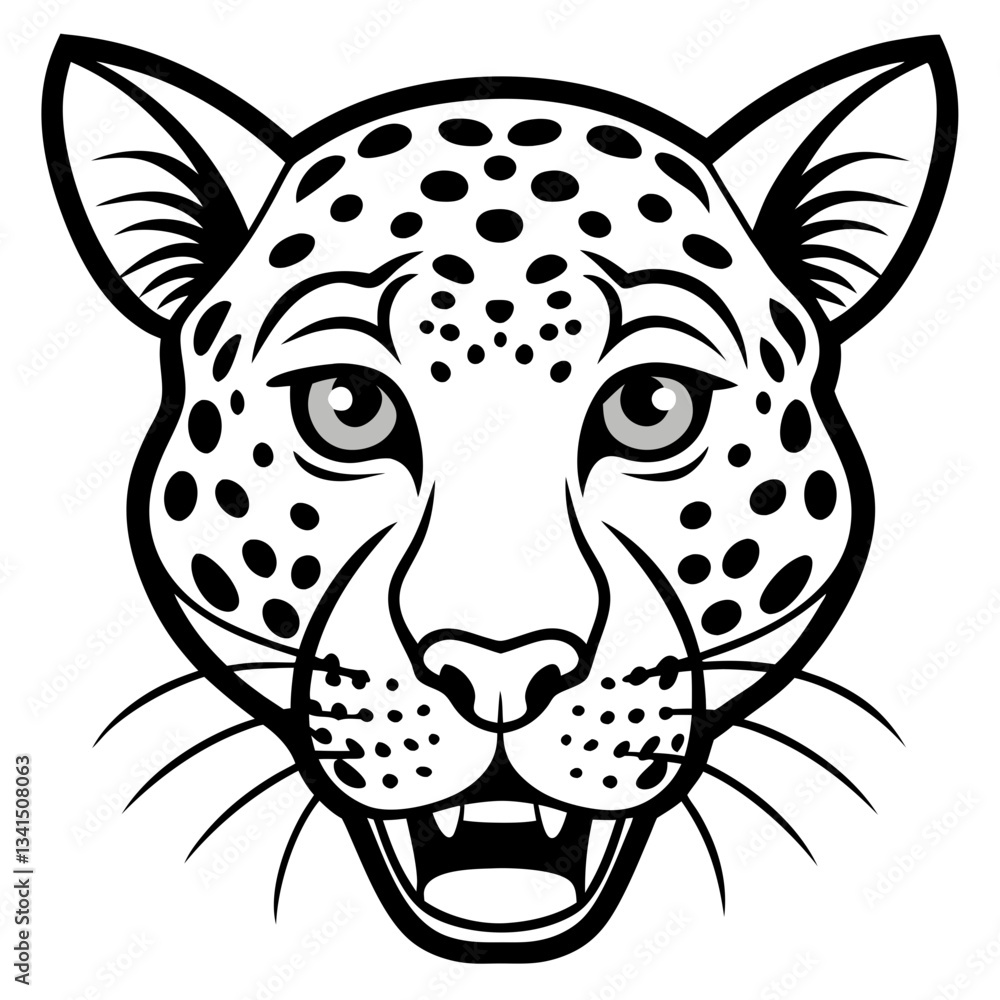 Poster a detailed line art illustration of a jaguar's face with intricate patterns and a fierce expression.