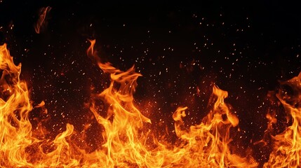 燃え上がる炎と火の粉のイメージ、黒背景
