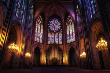 Fototapeta premium A grand gothic cathedral 3D background room with towering stained-glass windows casting ethereal colored light, massive stone arches stretching into the heavens, flickering candlelit chandeliers, and
