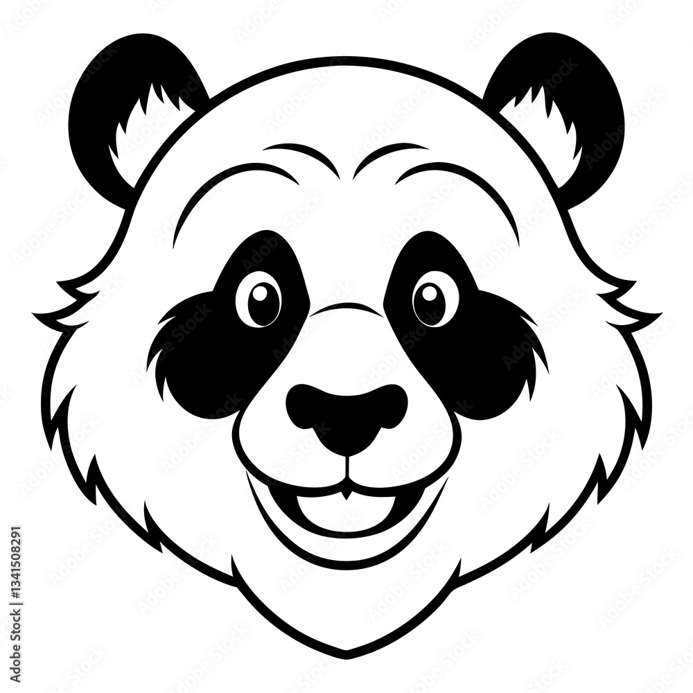 Poster a cheerful panda face with a smiling expression in black and white, representing a friendly and appr