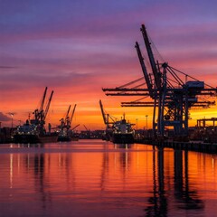 Obraz premium Background for cranes and industrial cargo ships in port at twilight.