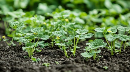 Obraz premium A close-up of young zucchini plants with blooming flowers
