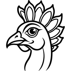 A stylized illustration of a peacock's head, rendered in a clean and elegant line art style, showcasing the bird's distinctive features.