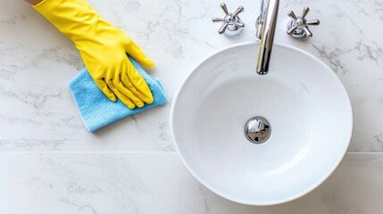 Gloved hand cleaning a white sink with blue cloth on marble surface.