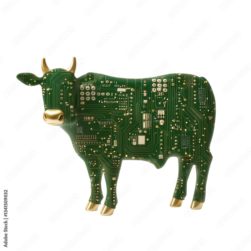 Poster digital cow design with circuit patterns and metallic accents. isolated on white background