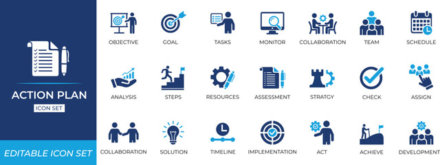 Action plan icon set. Sold editable icon collection