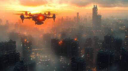 Fototapeta premium Drone flying over futuristic dystopian city at sunset.