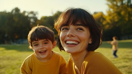 In this image, a smiling woman holds a child, both posing together outside with trees behind them.