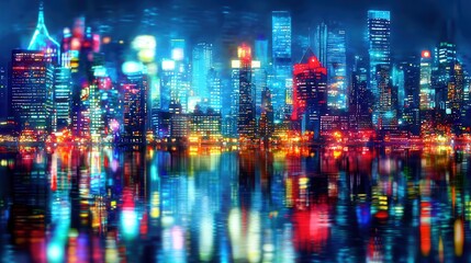Obraz premium Vibrant Night Cityscape with Colorful Lights and Reflections on Water Surface in Modern Urban Setting