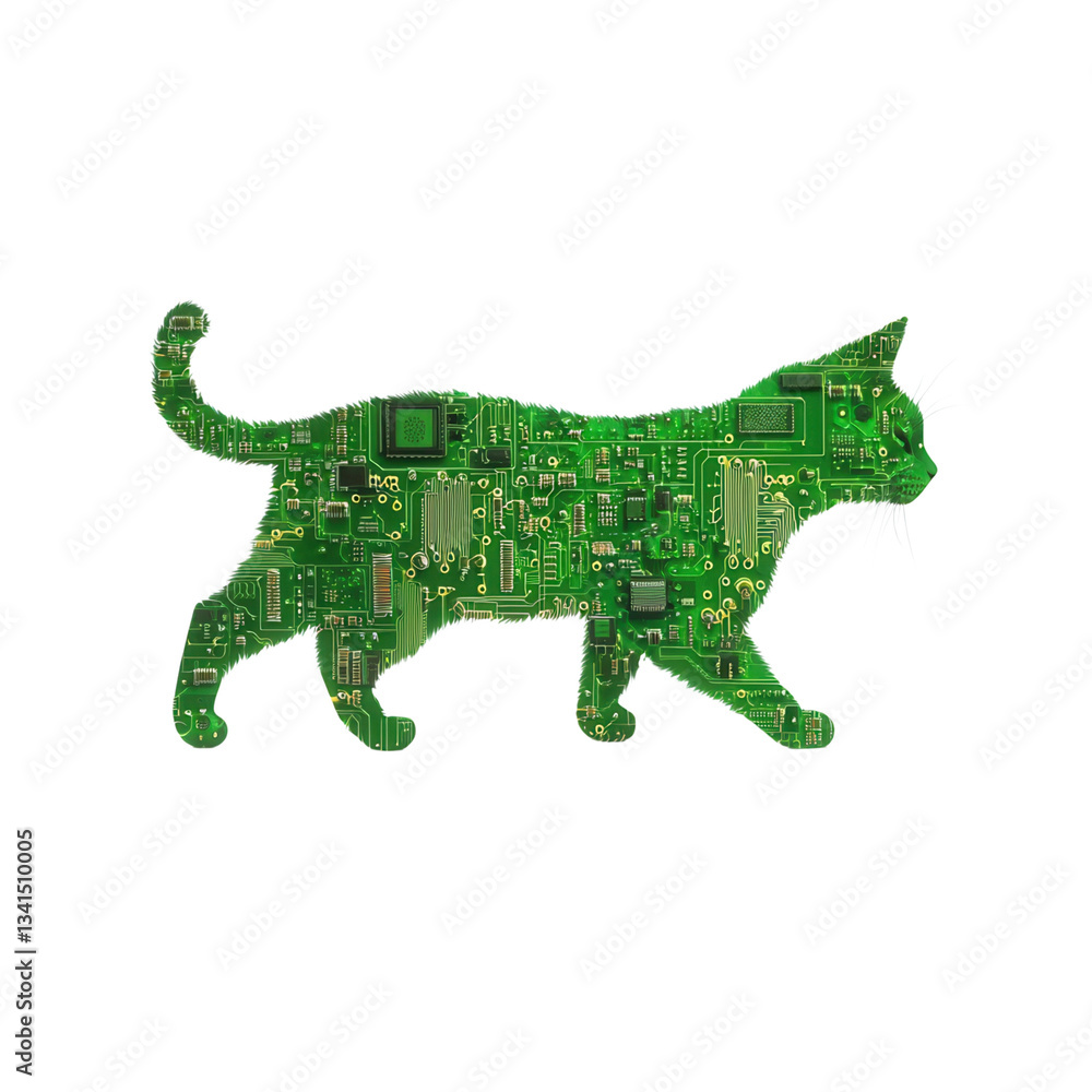 Poster cat silhouette filled with circuit patterns on a black background. isolated on white background