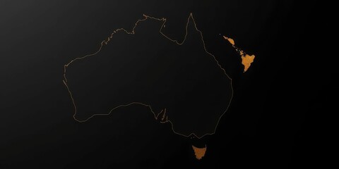 Golden outline map of Australia & New Zealand on black background, oceania map, geography