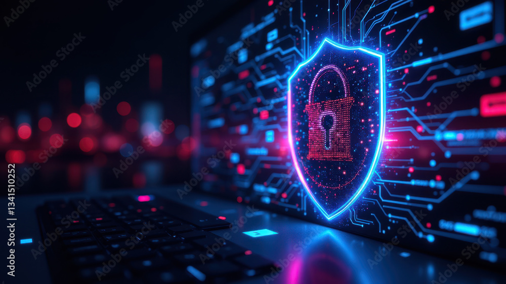 Poster a digital illustration of a cyber shield with vibrant blue and purple hues, featuring intricate netw