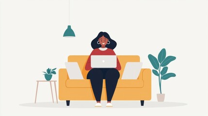 Fototapeta premium Young Woman Working on Laptop at Cozy Home Space with Plants