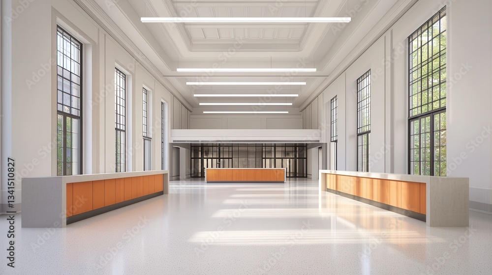 Poster modern spacious interior of a bright open lobby with large windows and sleek counter design
