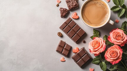 Cozy arrangement of a delicious cup of coffee and artisan chocolate on a rustic wooden table for romantic vibes