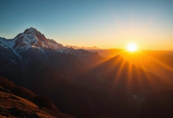 Naklejka premium Golden sunrise bathes vibrant mountain peaks, shadows lengthen across valleys, altitude, scenery