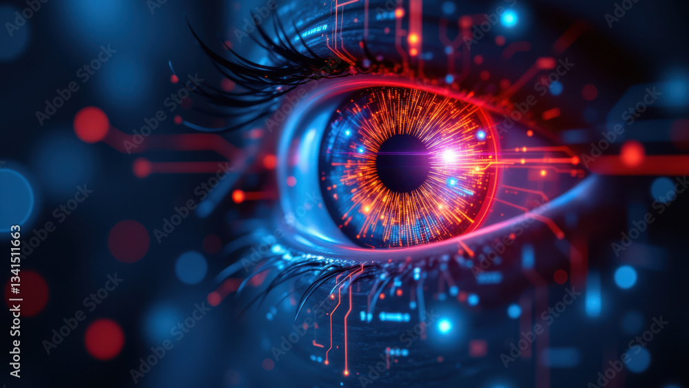 Poster futuristic digital human eye with cyber security theme showcasing intricate circuitry and data strea