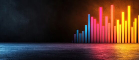 A vibrant, abstract representation of a bar graph with colorful bars against a dark background, suggesting data visualization or analytics.