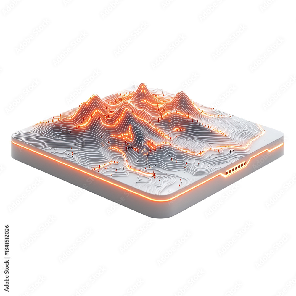 Poster 3d topographical model with contour lines and vibrant colors. isolated on white background