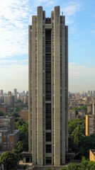 Obraz premium Brutalist skyscraper amidst urban cityscape with blue sky background.