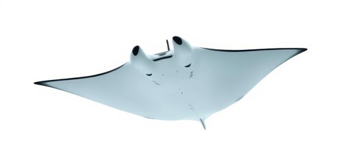 Graceful manta ray glides, wings outstretched, pure white background,  smooth, fish